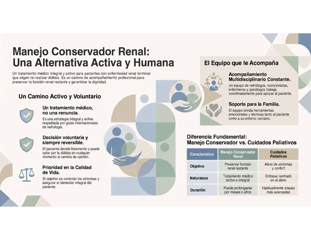 "Infografía sobre manejo conservador renal: pilares del tratamiento y diferencias con cuidados paliativos"