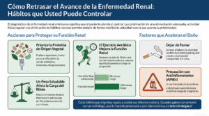 Infografía con hábitos que retrasan el avance de la enfermedad renal crónica: proteína vegetal, peso saludable, ejercicio aeróbico, dejar de fumar y precaución con antiinflamatorios